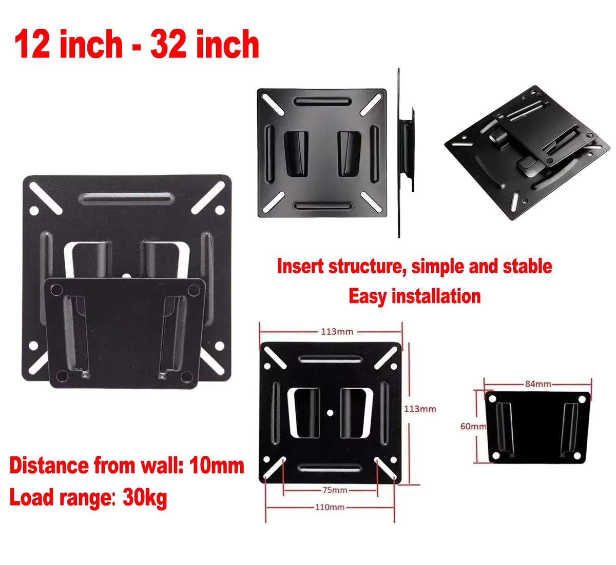 7-32 Inch TV Mount Wall Mount Snap Fasterner Flat Bracket Universal Metal Tablet Holder LCD LED Monitor TV Frame VESA 75/100mm