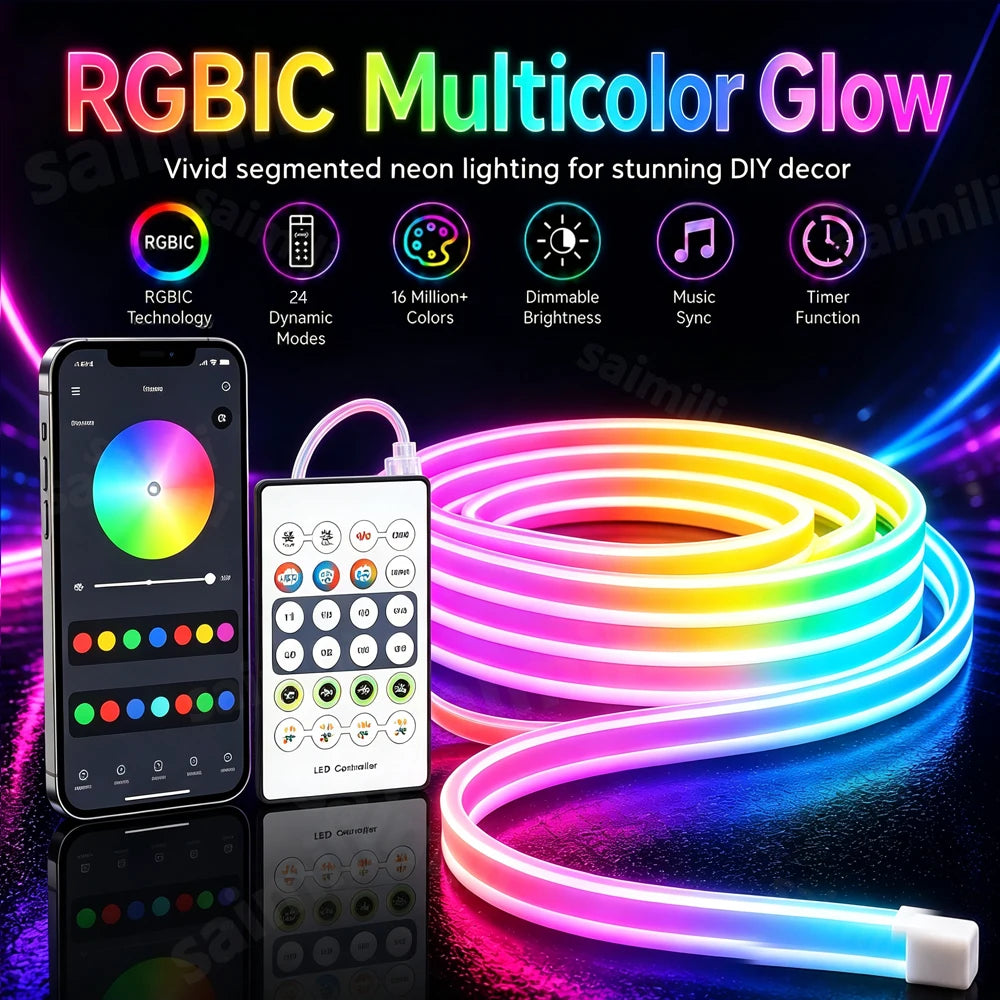 USB RGBIC Neon Rope Light WS2812 Flexible LED Tape Bluetooth