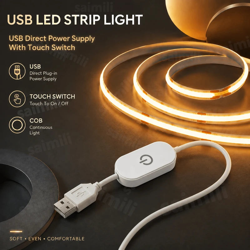 USB High Density COB LED Strip Touch Dimmer No Dark Spot Fle