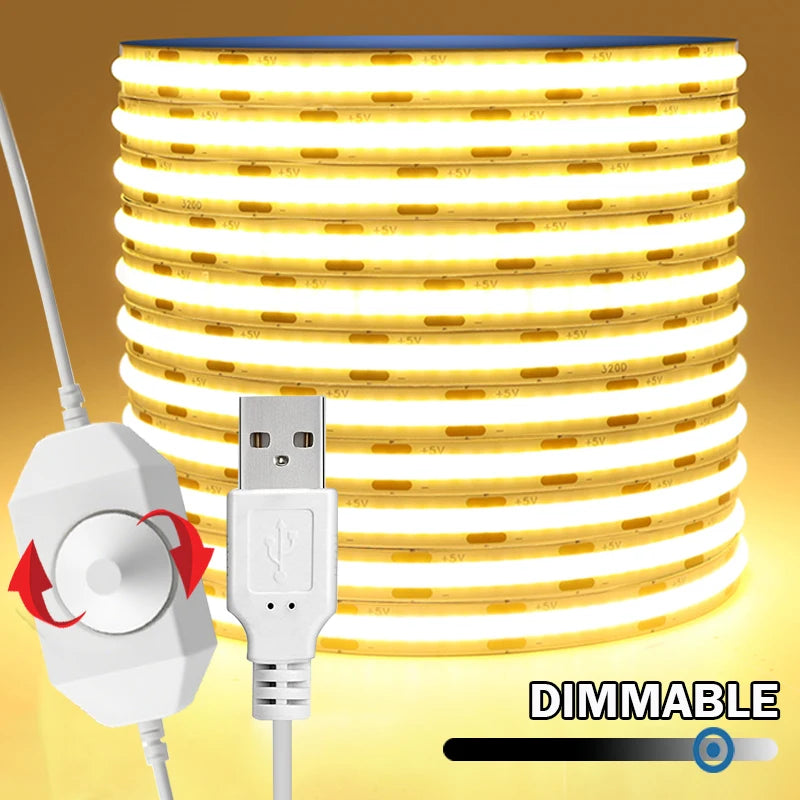 5V COB LED Light Strip USB COB Bendable Tape Light Flexible 