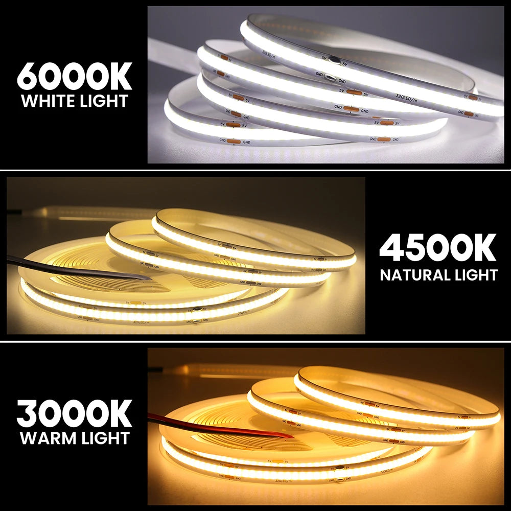 3mm 5mm 8mm PCB COB LED Strip Light 5V 12V 24V 320LEDs/m Hig