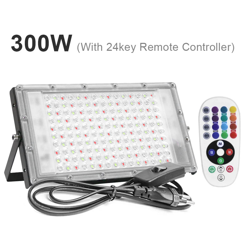 IP65 Waterproof RGB LED Flood Light 50W/100W/300W AC220V Outdoor Projector LED Spotlight with Remote Control & EU Switch Plug