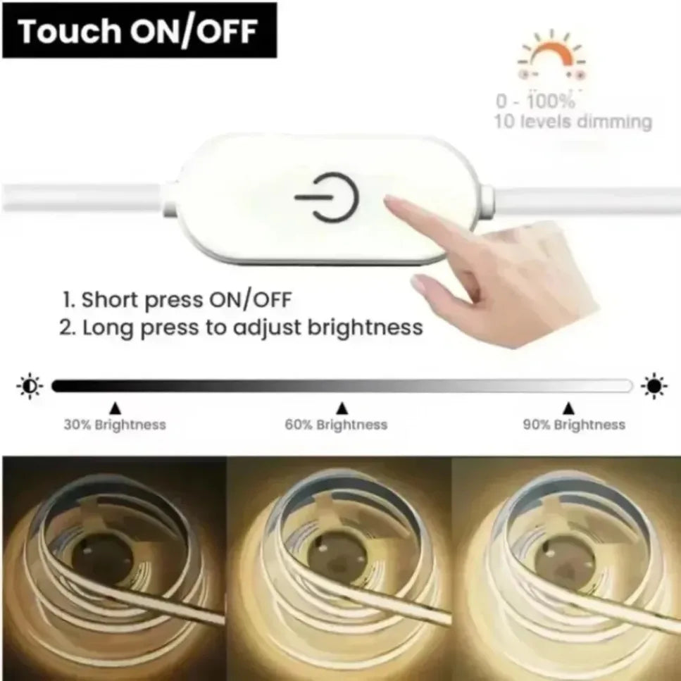 DC5V USB COB Led Strip Light With Dimmer Switch 8MM PCB Flex