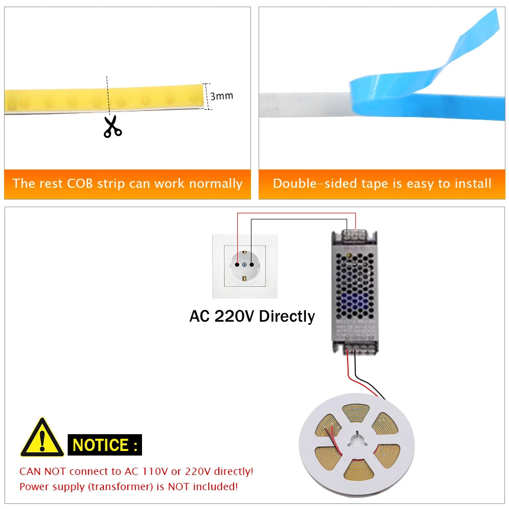 DC 5V 12V 24V COB LED Strip 320 384 480 528LEDs/m High Densi
