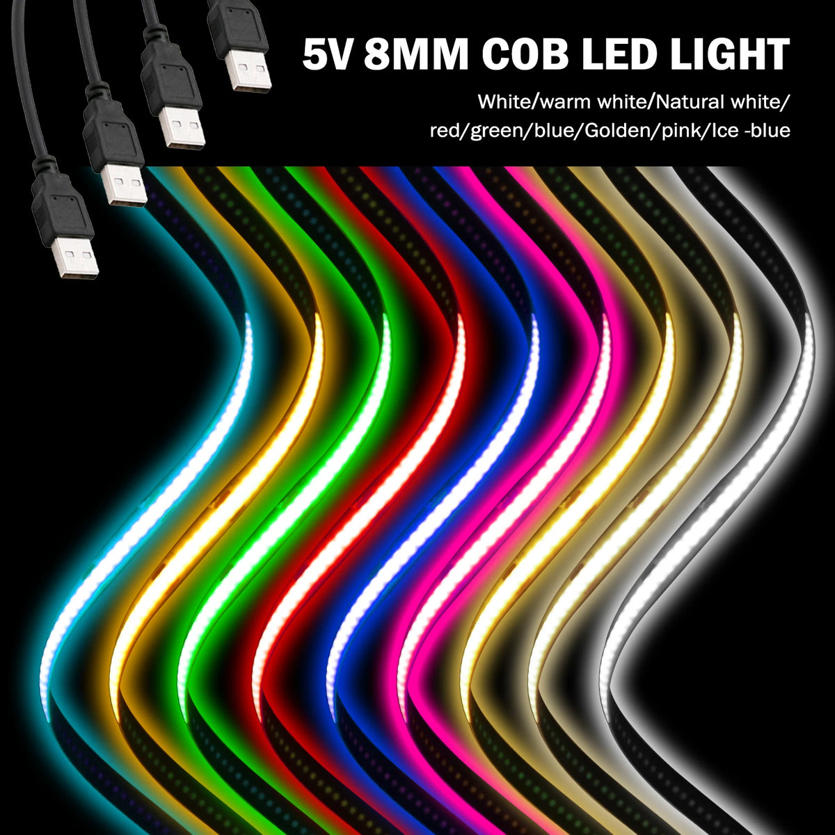 New USB COB Strip Light 5V 320Leds/m Blue/White/Red/Green Fl