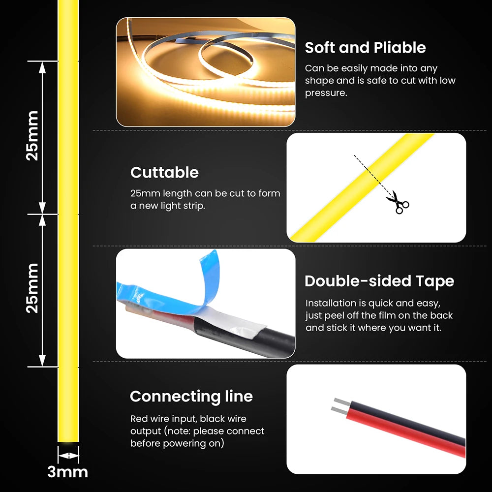 3mm 5mm 8mm PCB COB LED Strip Light 5V 12V 24V 320LEDs/m Hig