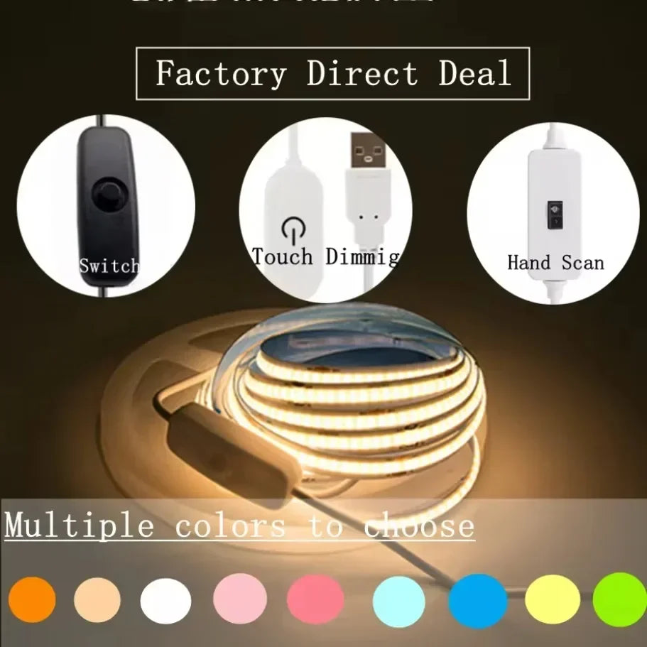 Super Bright USB DC 5V COB LED Strip Light 1m 2m 3m 4m 5m Wi