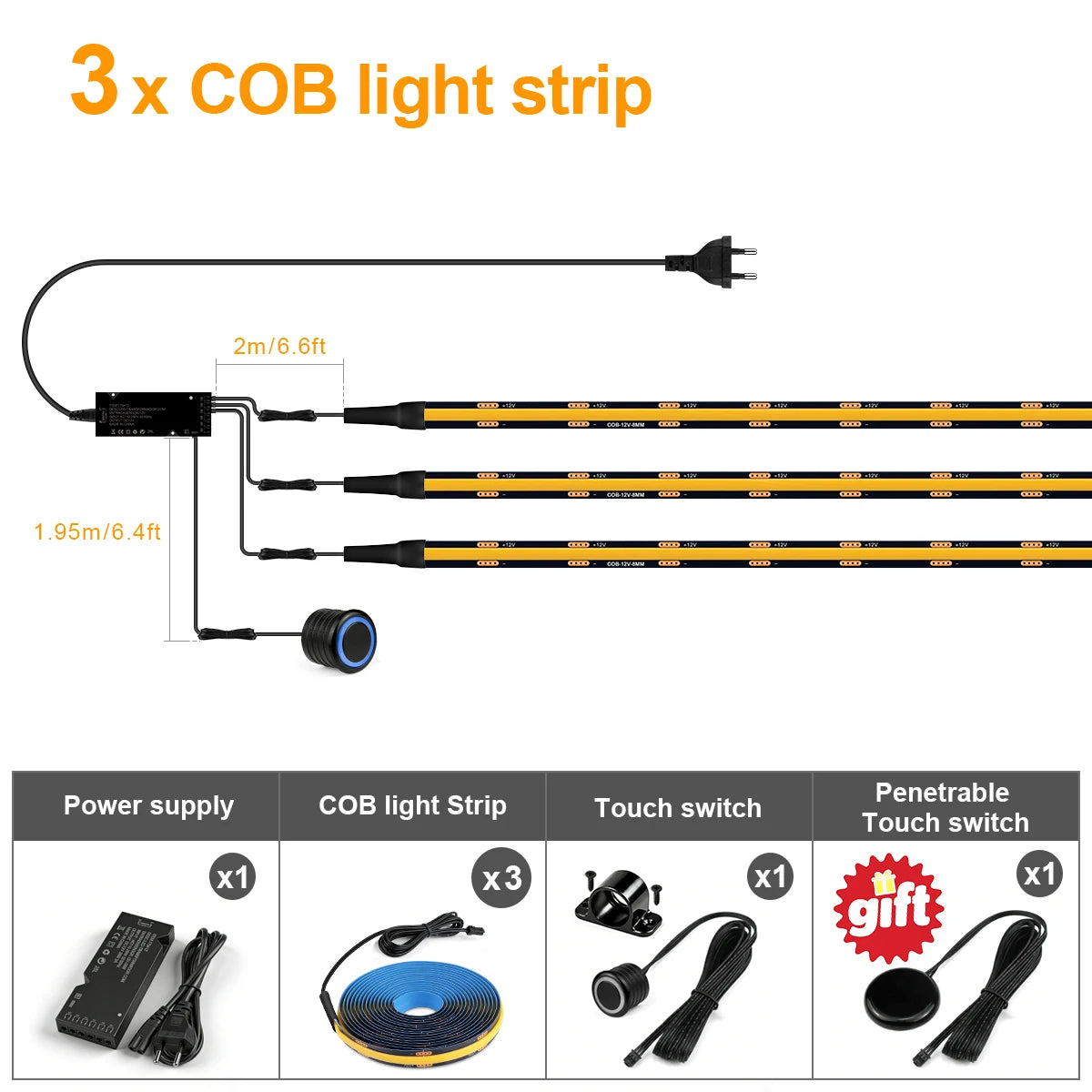 Dimmable Double Touch Sensor COB LED Light Strip For Acoustic Wood Slat TV Backlight Wall Panel & Under Cabinet Ambient Decor