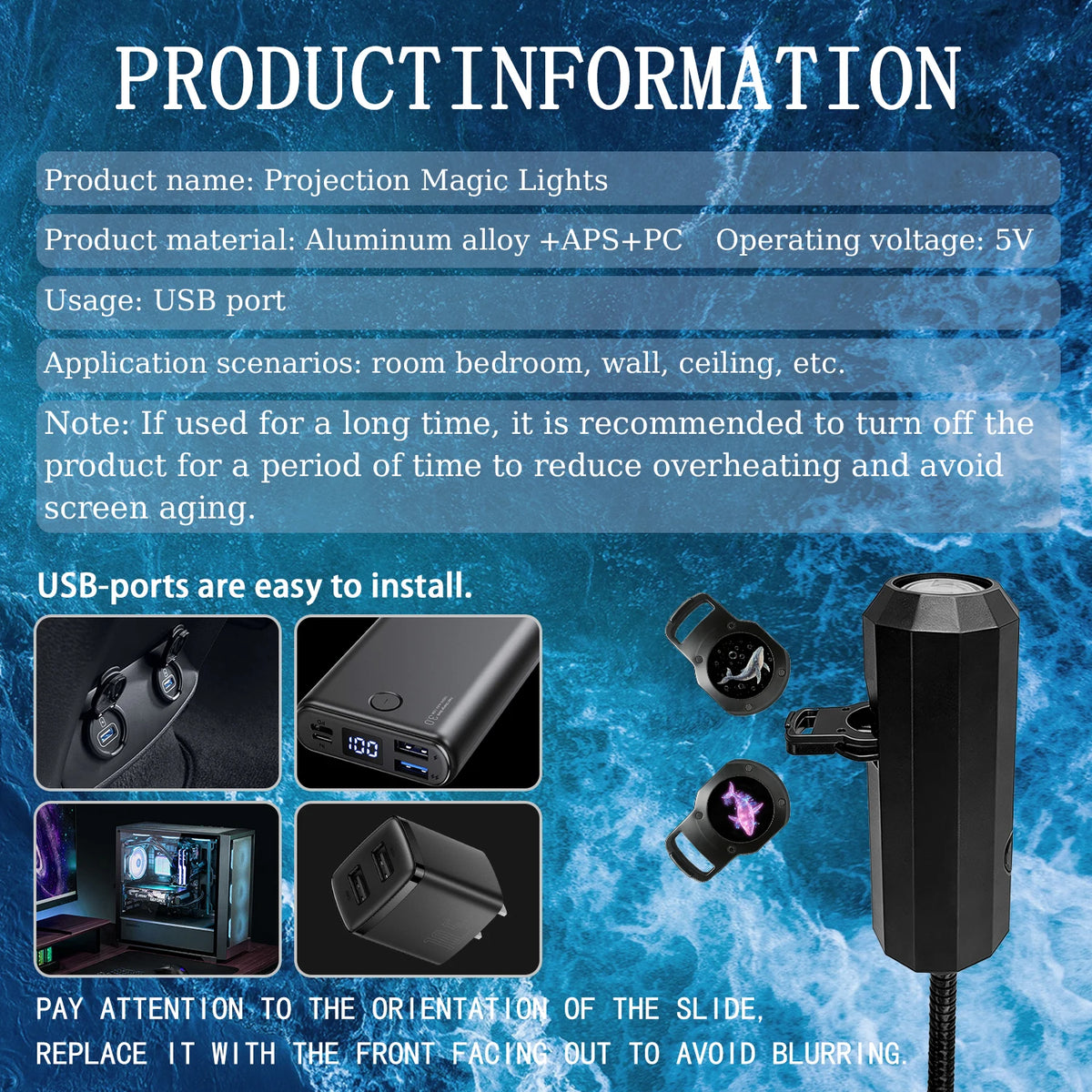 Ocean USB Projector Night Light 8 Replaceable Lamp Sheets fo