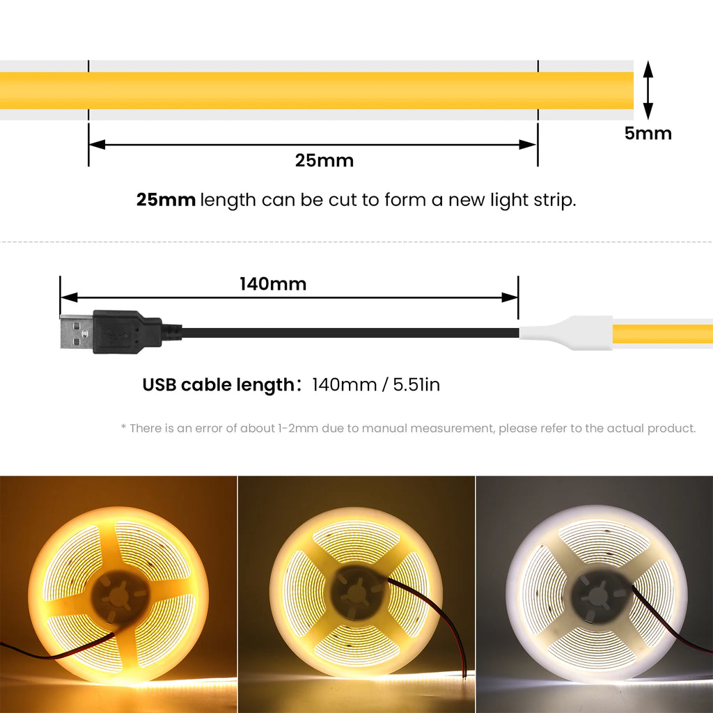 DC5V USB COB LED Strip Light 3MM 5MM 8MM Flexible LED Tape W