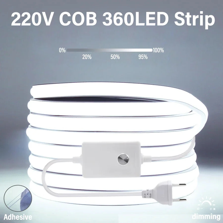 220V 360 LEDs/m EU Plug COB LED Strip Light RA90 Flexible LE