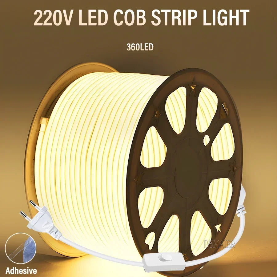 LED Strip Brightness Waterproof COB LED Strip 220V Flexible Ribbon for Room Bedroom 360 LEDs/m Kitchen Outdoor Garden Lighting
