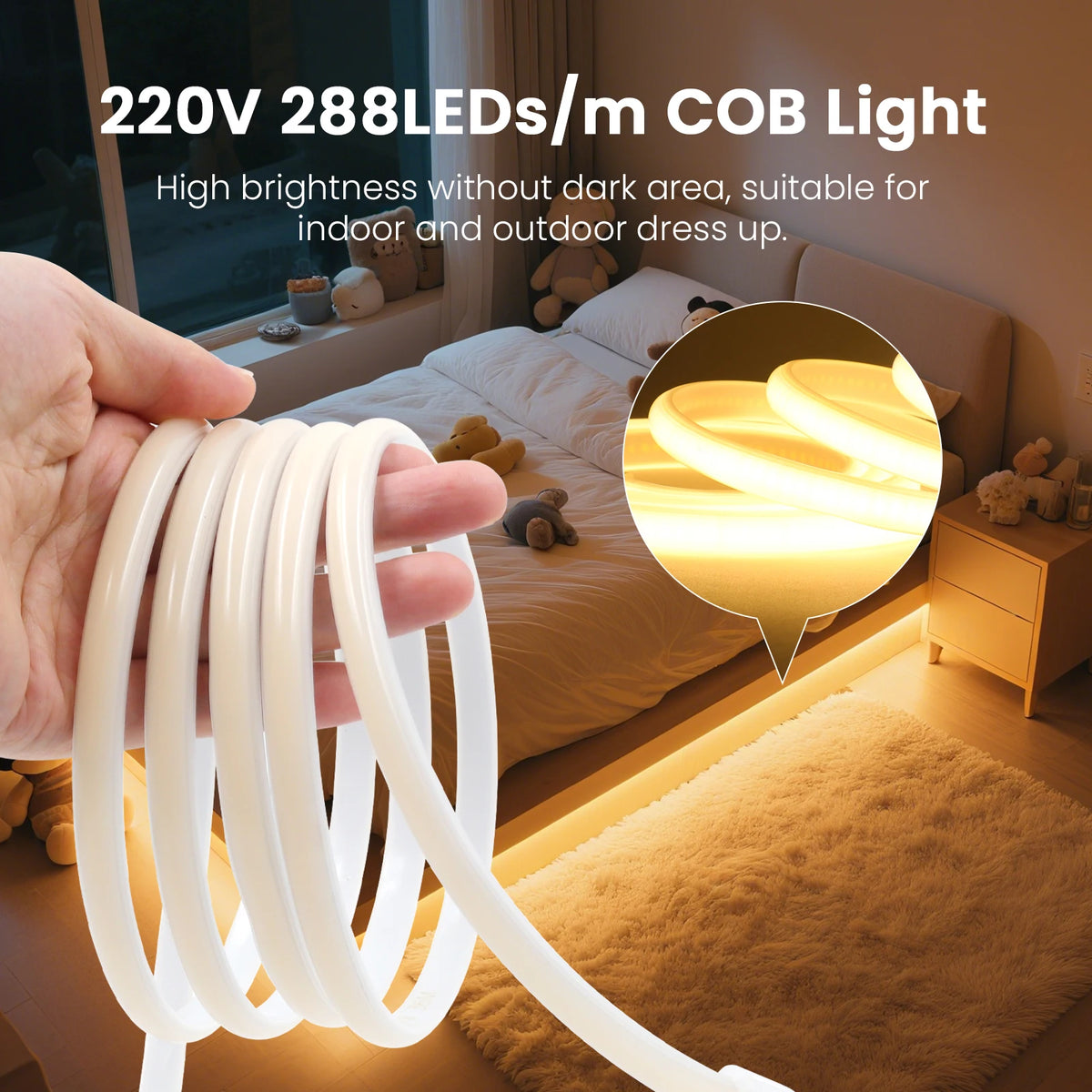 220V Dimmable COB LED Neon Strip Light With Switch/Dimmer Pl