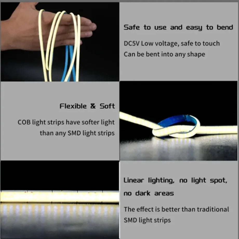 LED Strip DC 5V/12V USB COB 5mm 400Leds/M Flexible Ribbon Ro