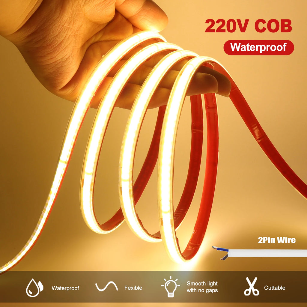 AC 220V COB Strip 240Leds/M IP65 Waterproof 3000K 4000K 6000K Flexible Ribbon Rope LED Light 10CM Cut Self Adhesive Diode Tape