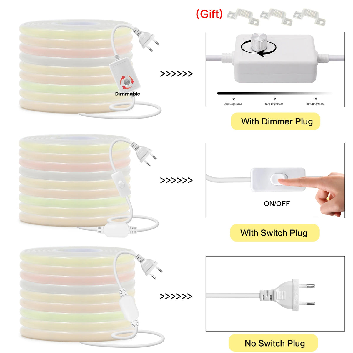 220V Dimmable COB LED Neon Strip Light With Switch/Dimmer Pl