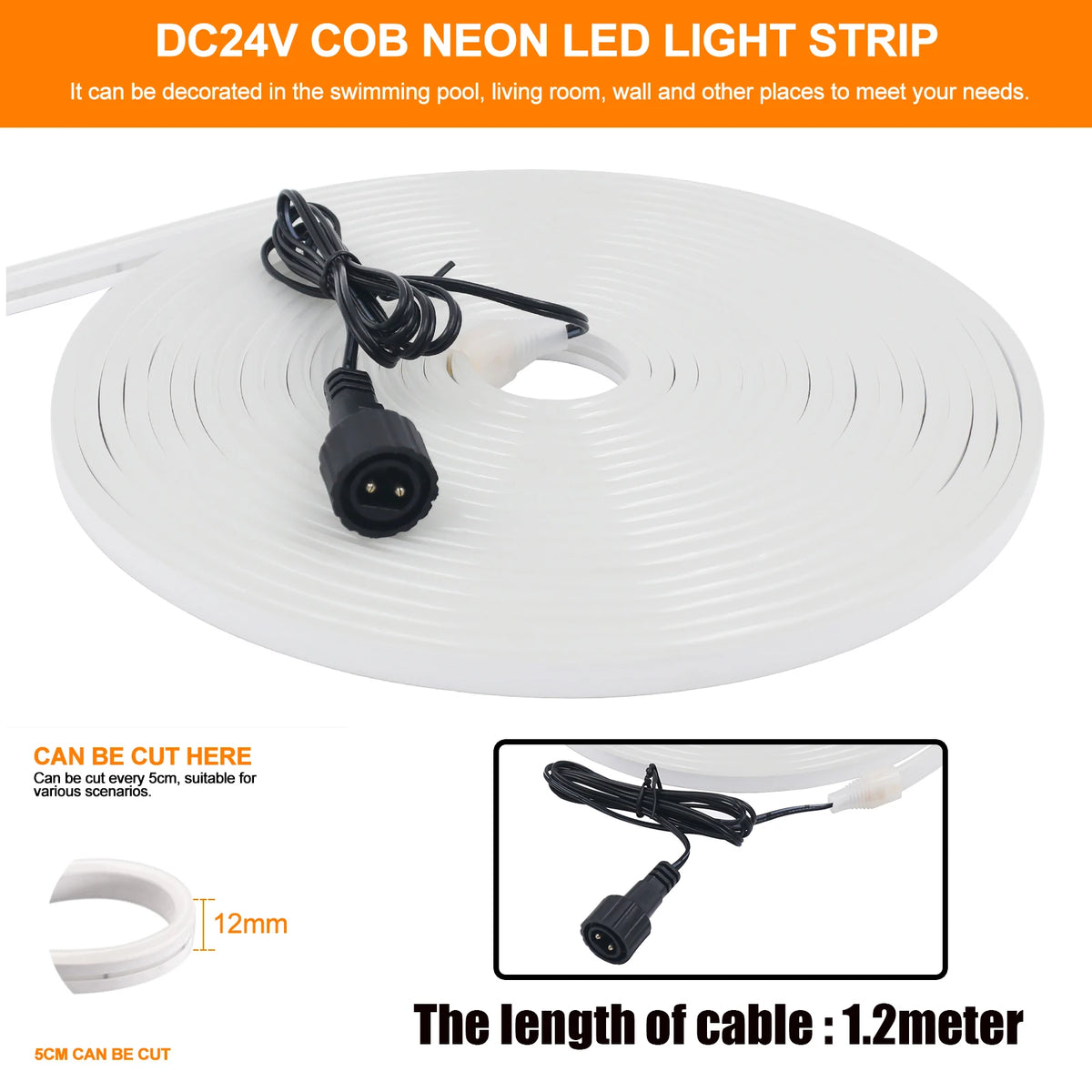 Solar Powered Neon Strip DC 24V IP67 Waterproof Warm/Cold Wh