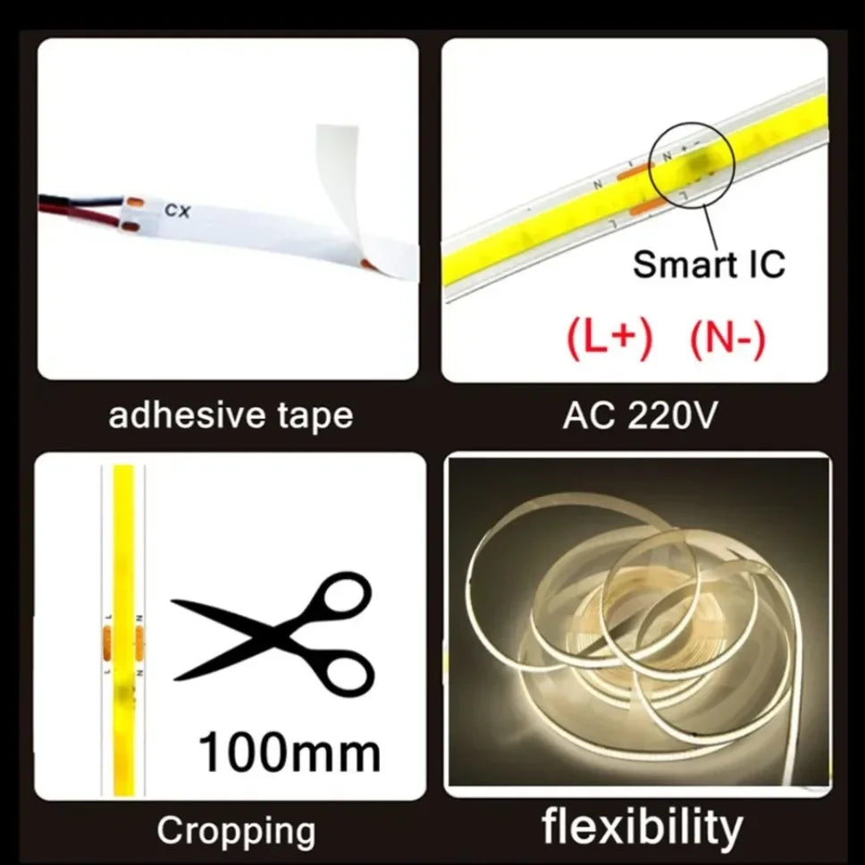 5m 10m 20m 30m COB LED Strip Light 220V Flex Tape Lamp with 