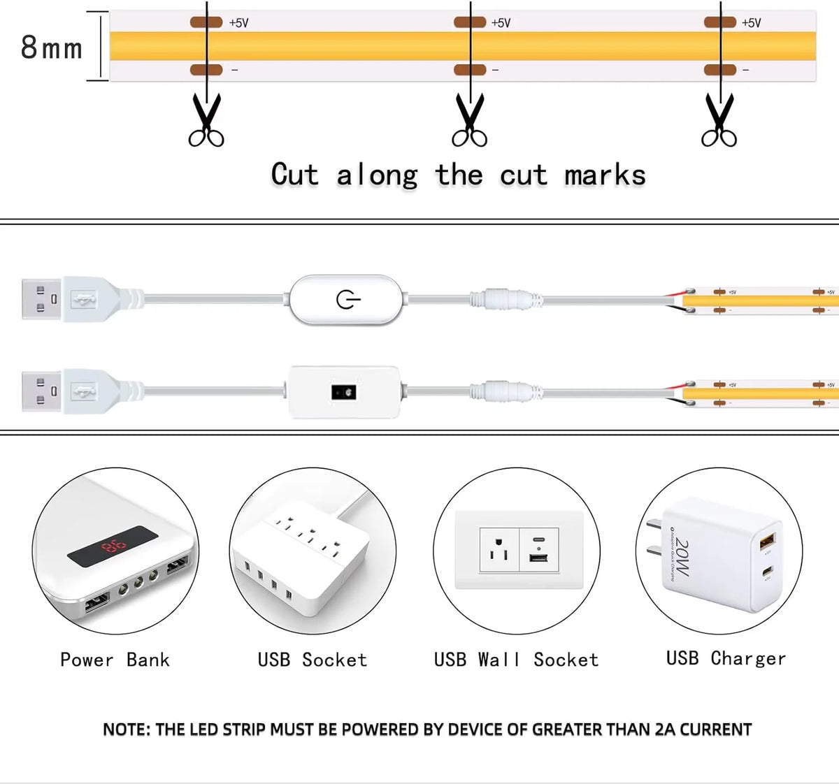 1M-5M USB LED Strip Light 5V 320LEDs/M COB Touch Sensor Dimm