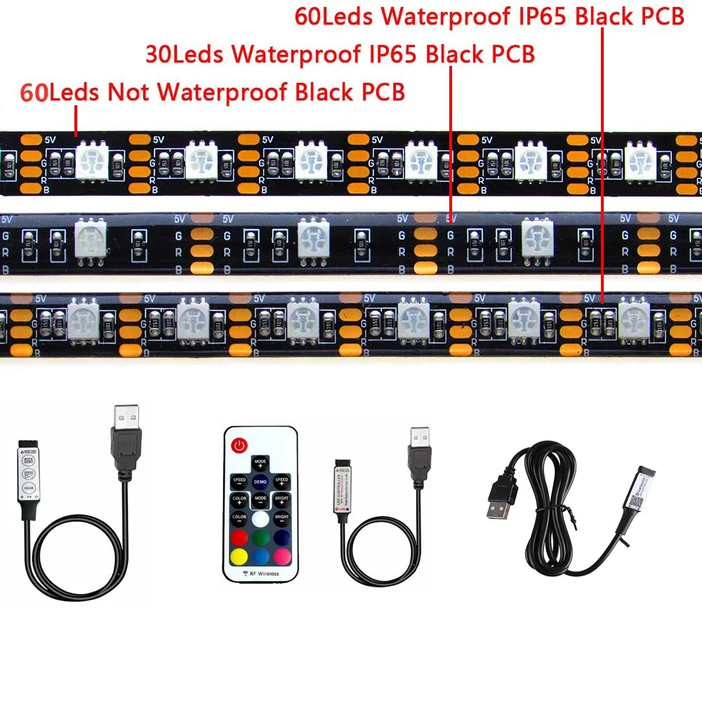 USB LED Strip Light 5V RGB Waterproof Black PCB 5050 0.5m 1m