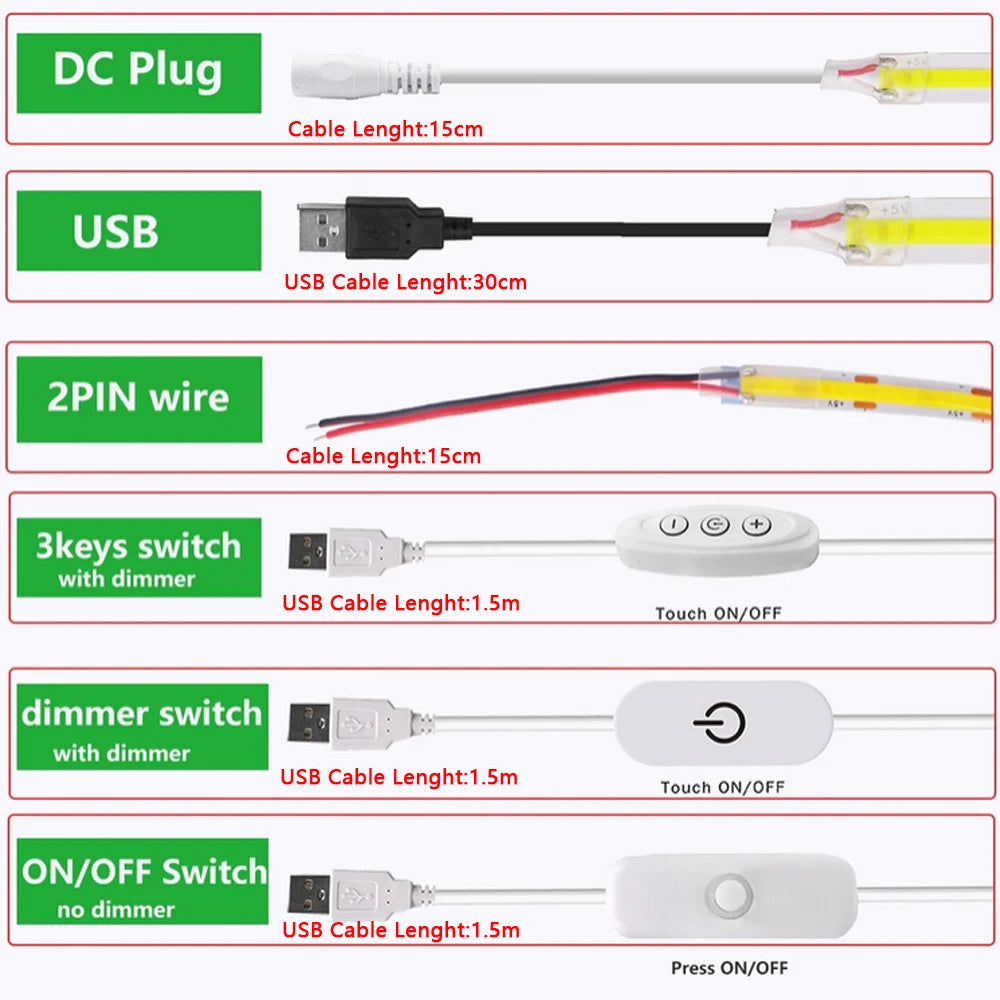 5V USB COB LED Strip Light 3Keys Touch Dimmable ON/OFF Switc