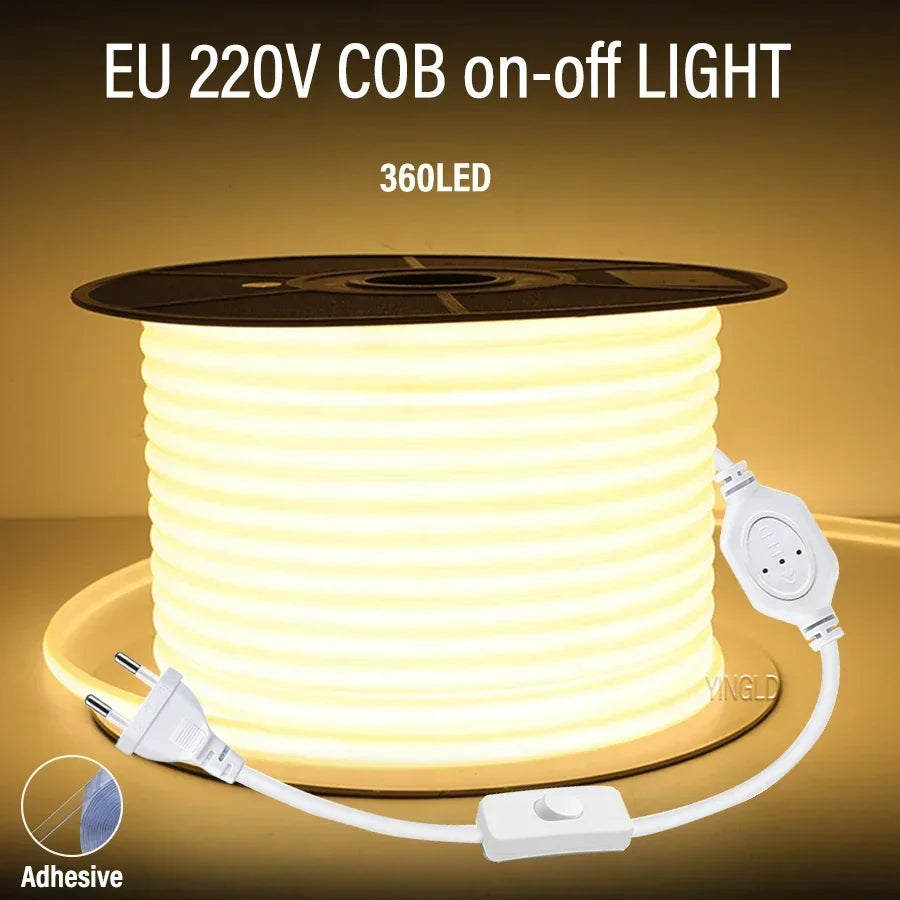 High Bright 220V COB LED Strip Light 110V Switch/Dimmable RA90 Flexible Neon Tape Kitchen Cabinet Lighting Waterproof Garden
