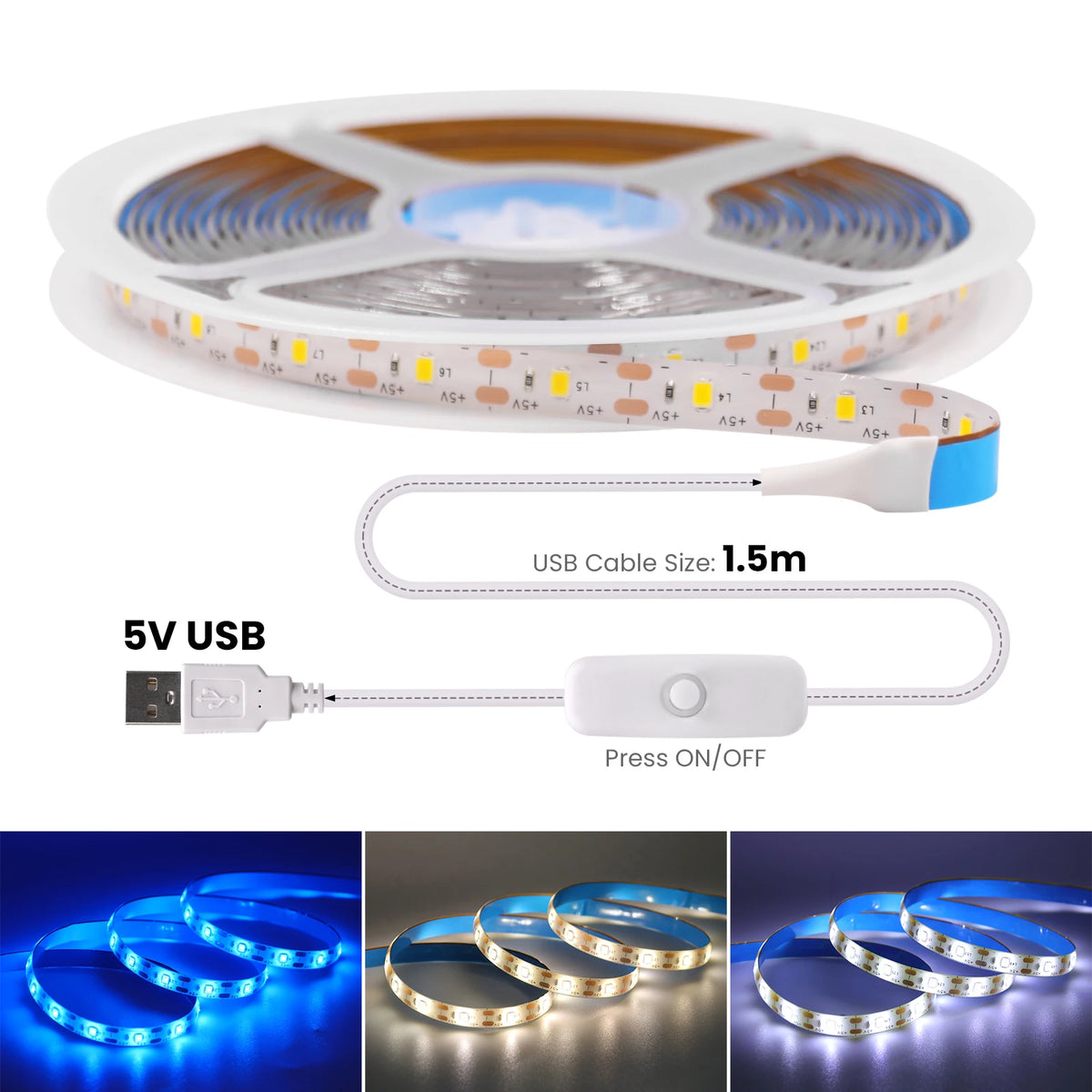 5V LED Strip Light with USB OFF/ON Switch SMD2835 60LEDs/m W