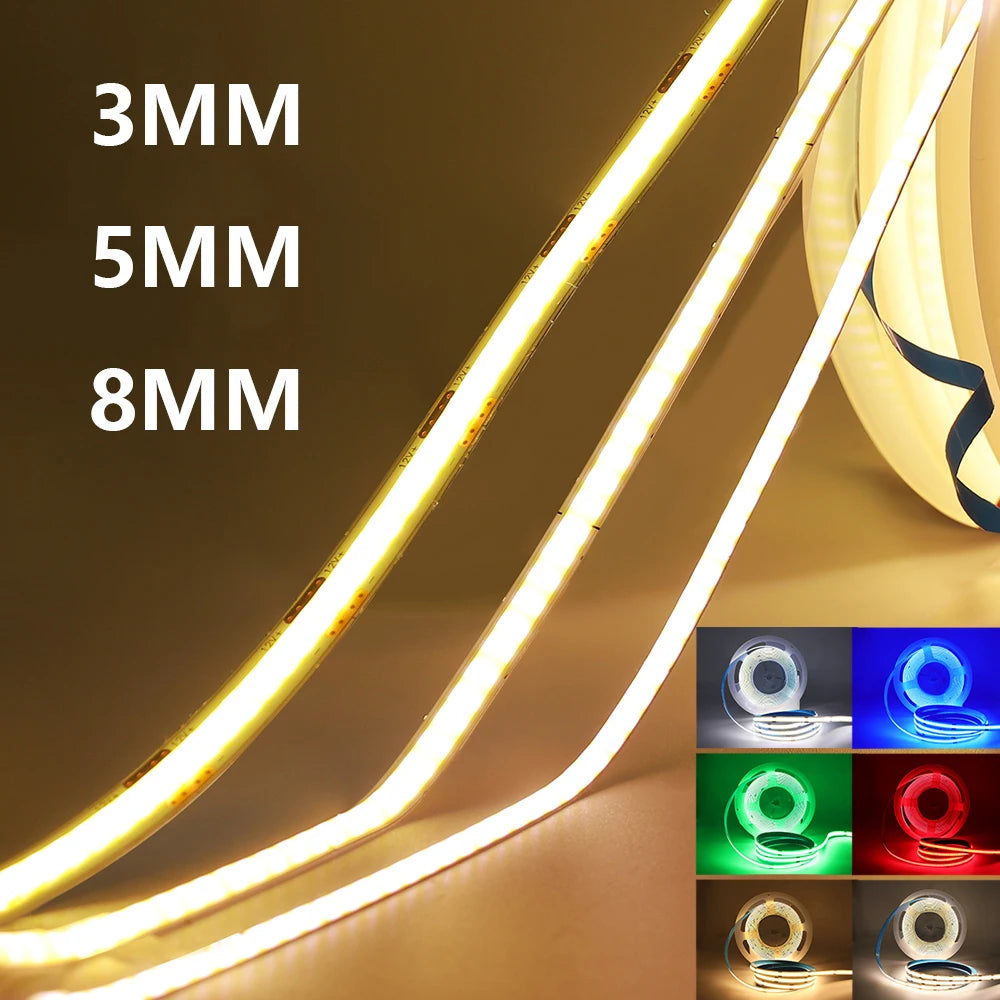3mm 5mm 8mm PCB COB LED Strip Light 5V 12V 24V 320LEDs/m Hig