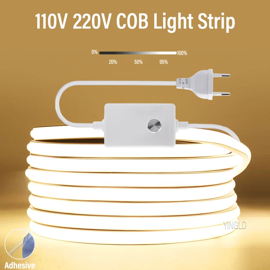 220V COB LED Strip Light High Bright Switch/Dimmable US 110V