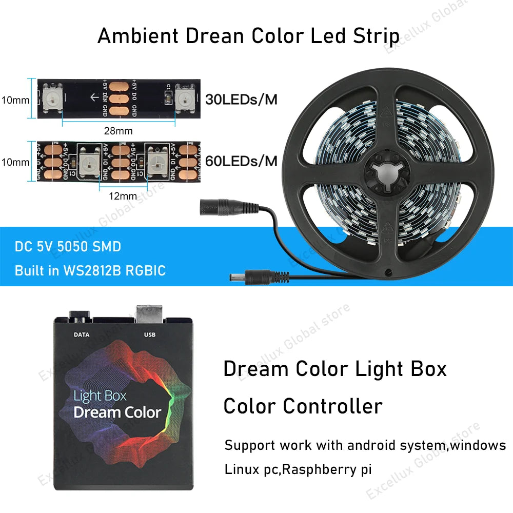 5V WS2812B USB LED Strip light 5050 RGB Dream Color Ambient 
