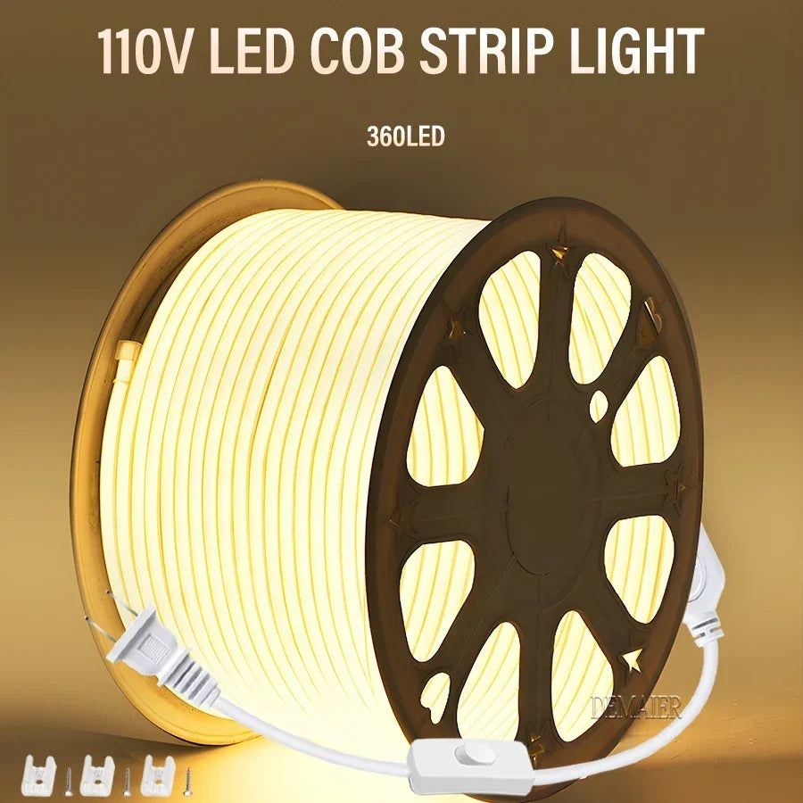 LED Strip Brightness Waterproof COB LED Strip 220V Flexible Ribbon for Room Bedroom 360 LEDs/m Kitchen Outdoor Garden Lighting