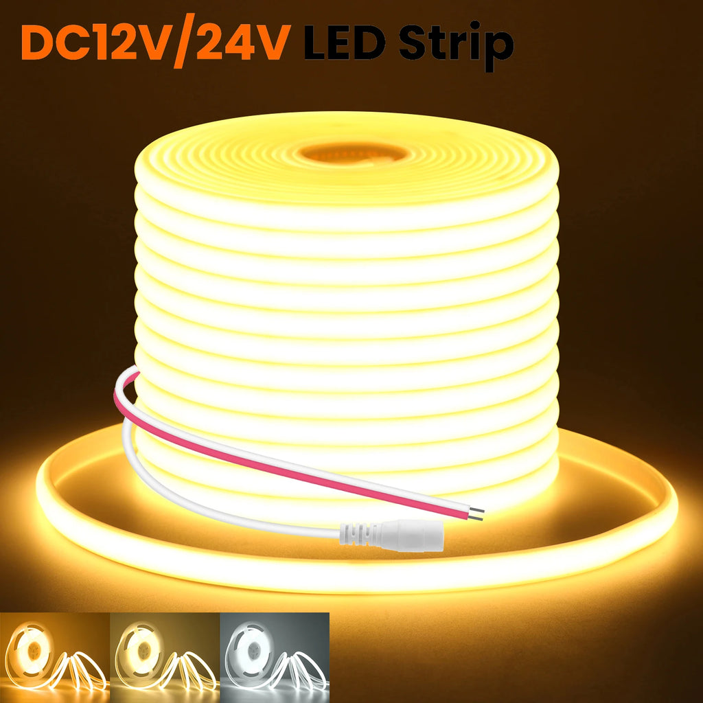 12V 24V COB LED Strip 320LEDs Flexible Neon Tape Light IP67 