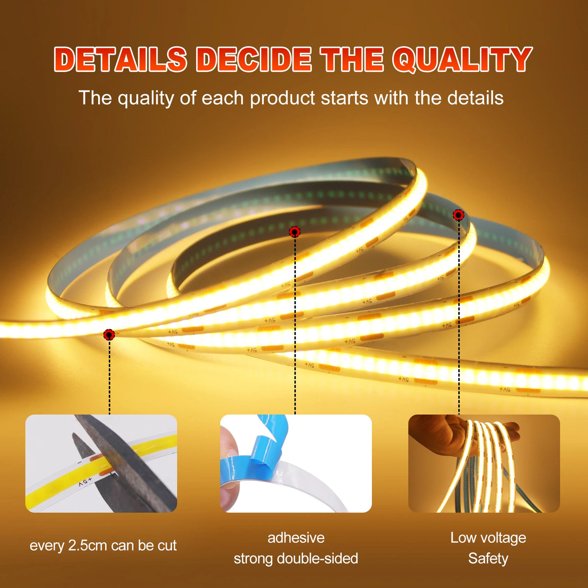 3AA Battery Power COB LED Strip Light 5V 320LEDs/M 1m 2m 3m 
