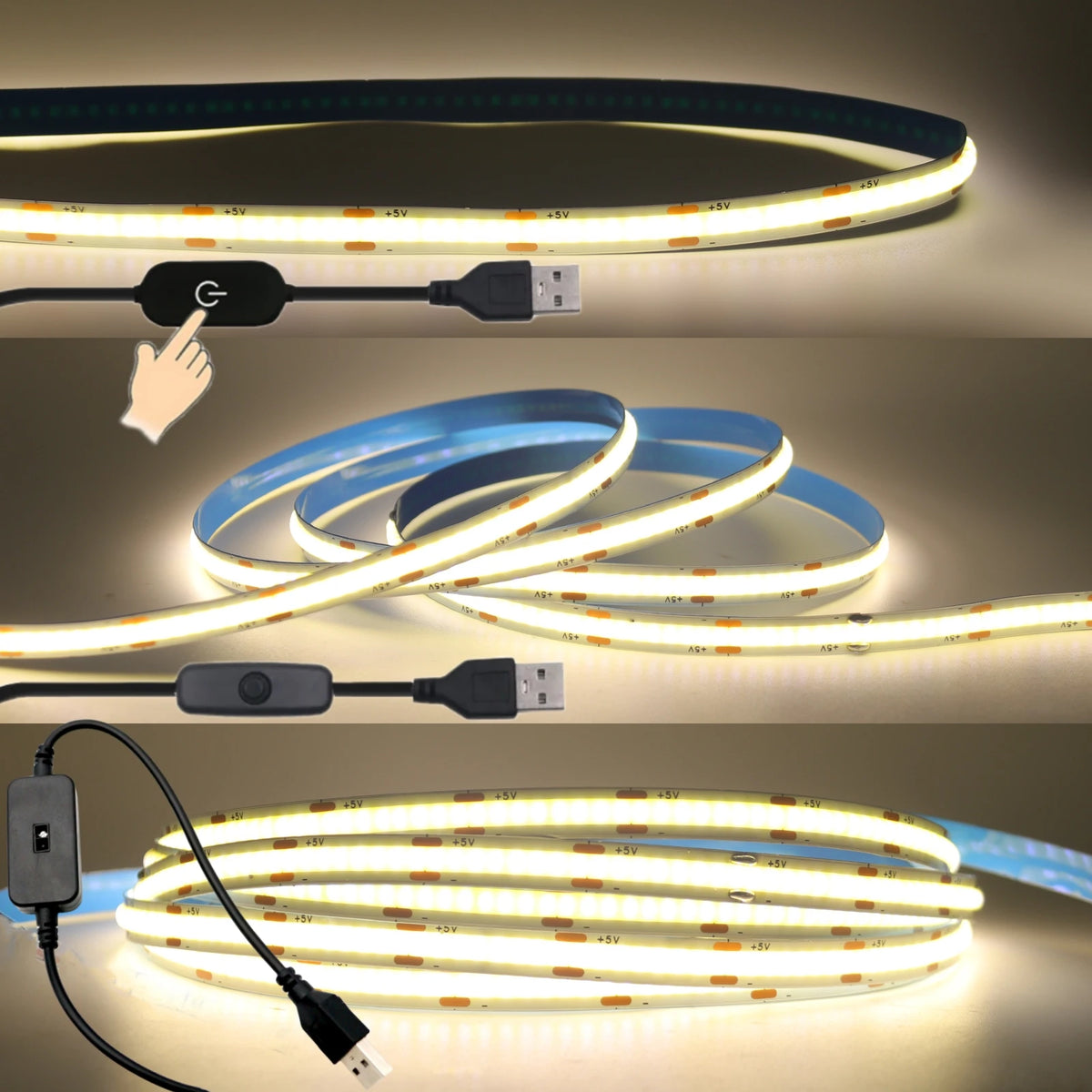 5V USB COB LED Strip with 2Pin Wire DC Plug 320leds/m Linear