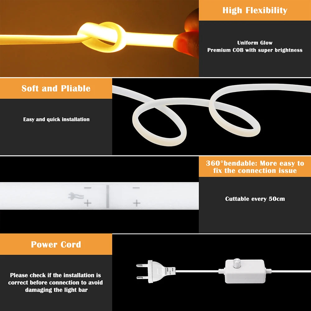 220V Dimmable COB LED Neon Strip Light With Switch/Dimmer EU