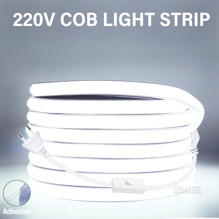 220V 360 LEDs/m EU Plug COB LED Strip Light RA90 Flexible LED Streifen Outdoor Lamp Waterproof Tape Kitchen Home Room Decoration