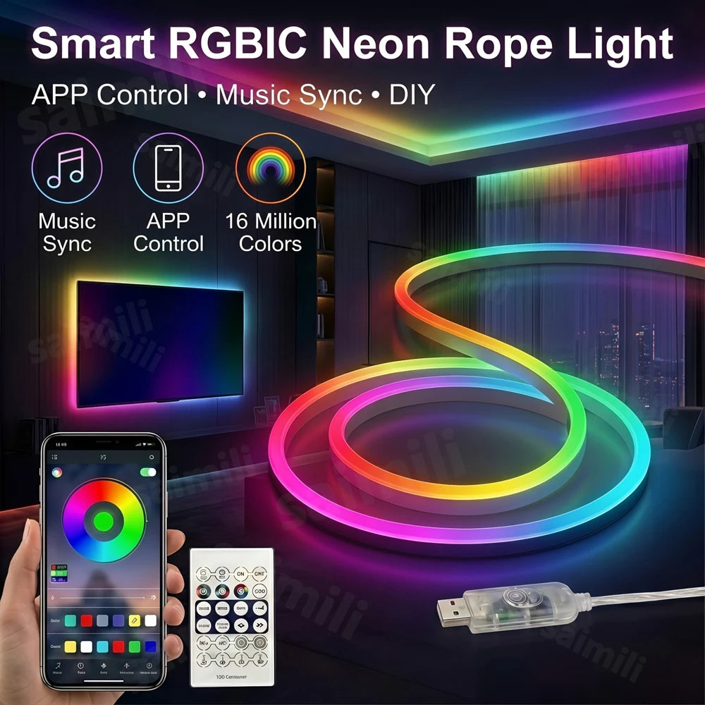 5V RGBIC WS2812 Neon LED Rope Strip Bluetooth APP & Remote C
