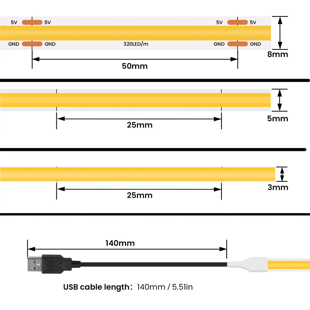 DC 5V USB COB Strip 3MM 5MM 8MM White/Pink/Red/White/Yellow/
