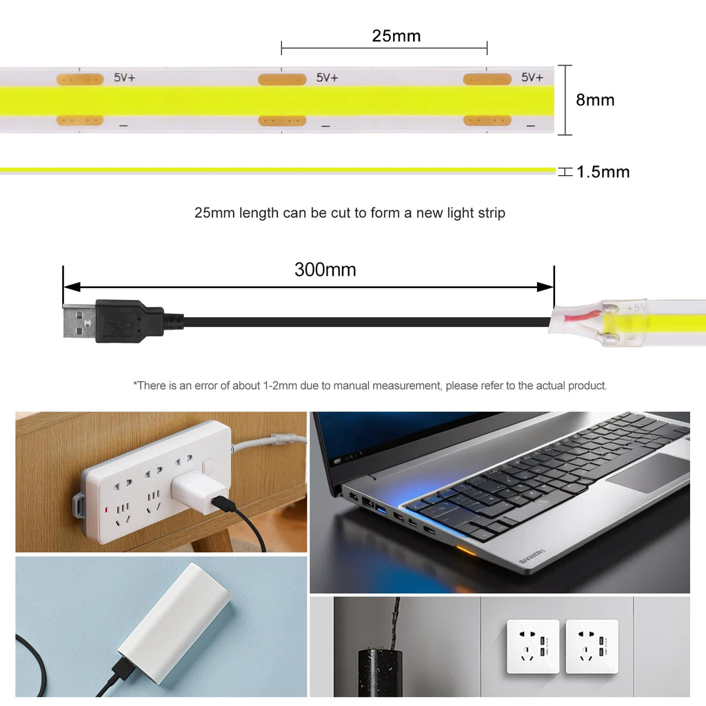 New USB COB Strip Light 5V 320Leds/m Blue/White/Red/Green Fl