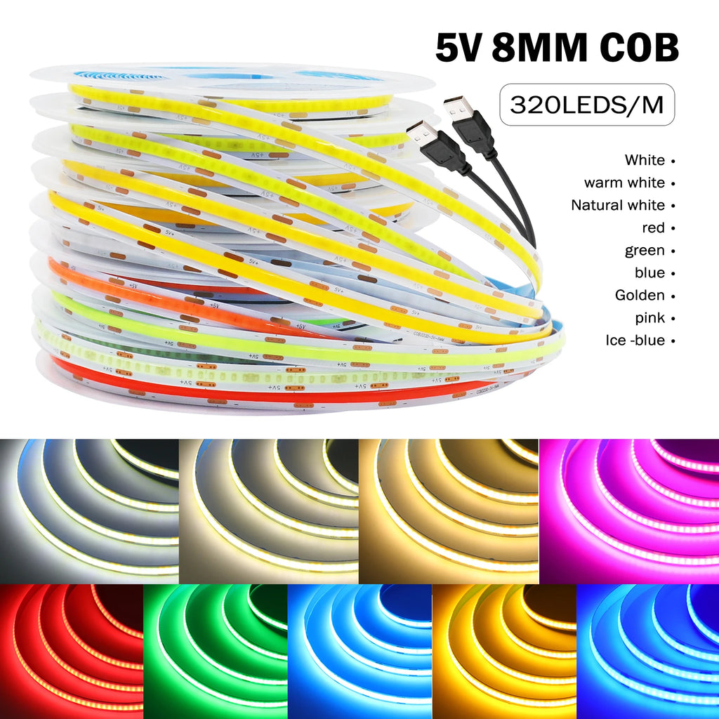 5V USB COB Led Strip Light 320LEDs/m Flexible Diode Tape Lin