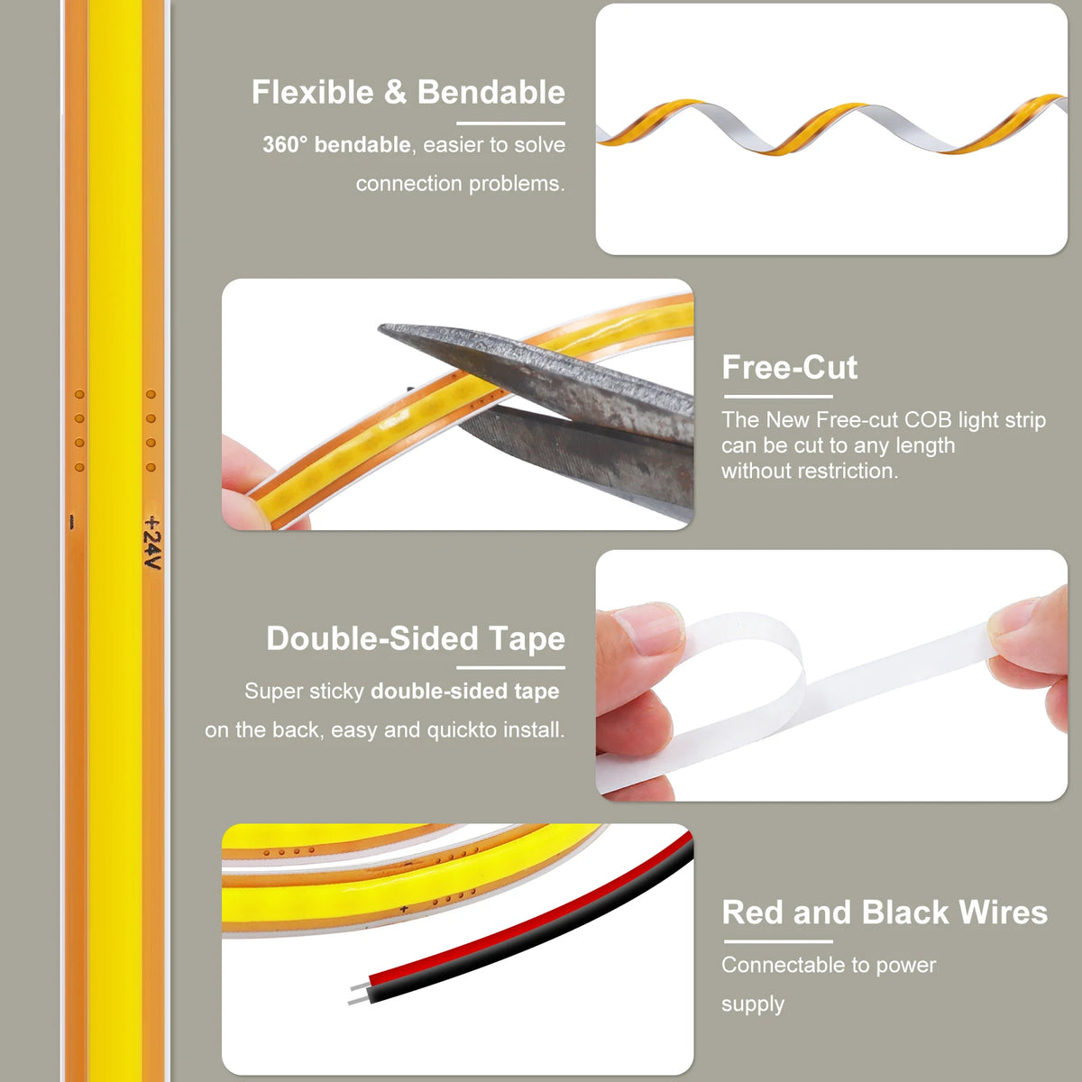 5mm 8mm PCB COB LED Light Strip Free Cut 12V 24V With 2PIN W