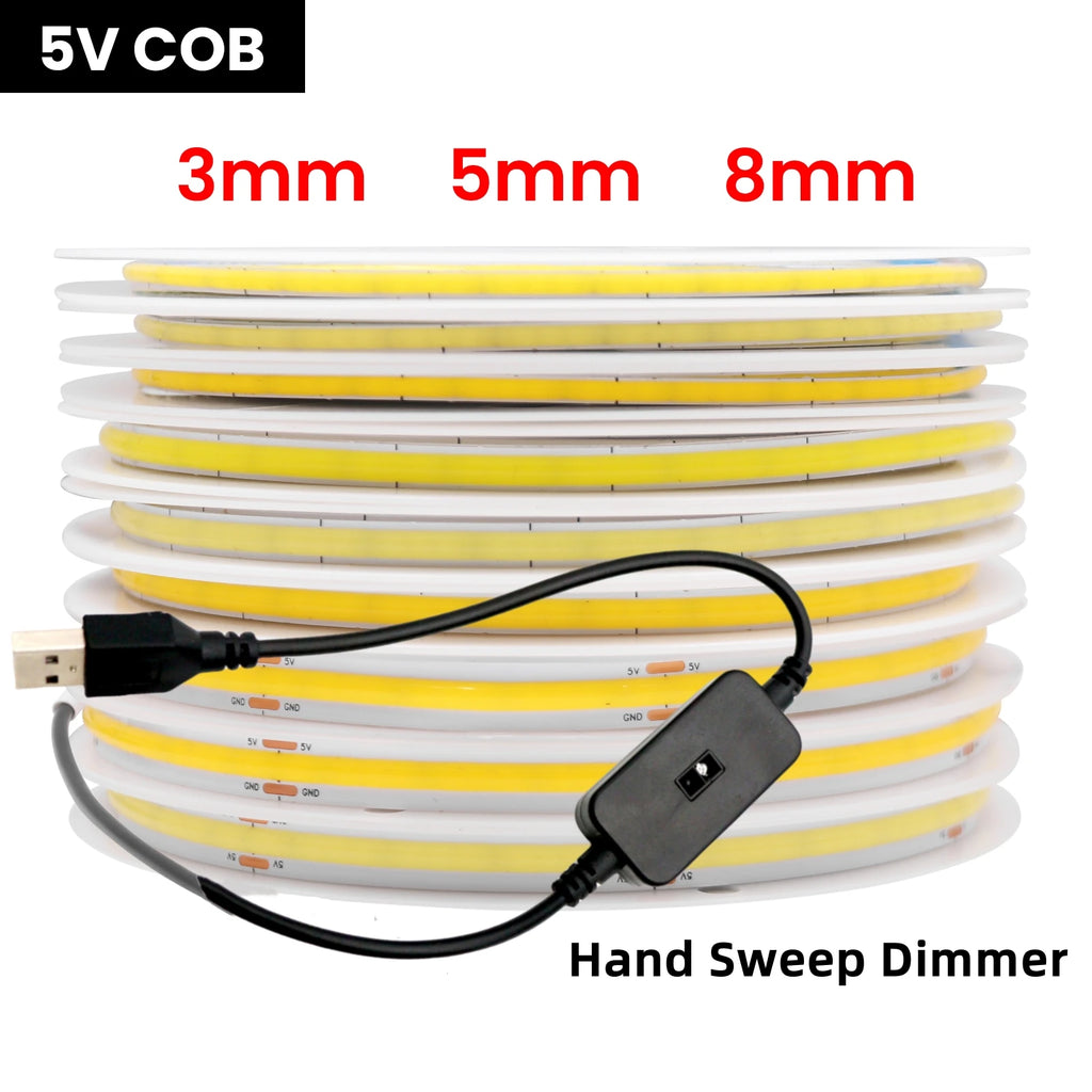 USB Dimmable COB LED Strip Light 3MM 5MM 8MM RA90 High Density 320LEDs/M 3000K 4000K 6500K FOB Flexible Ribbon Tape Rope Lamp