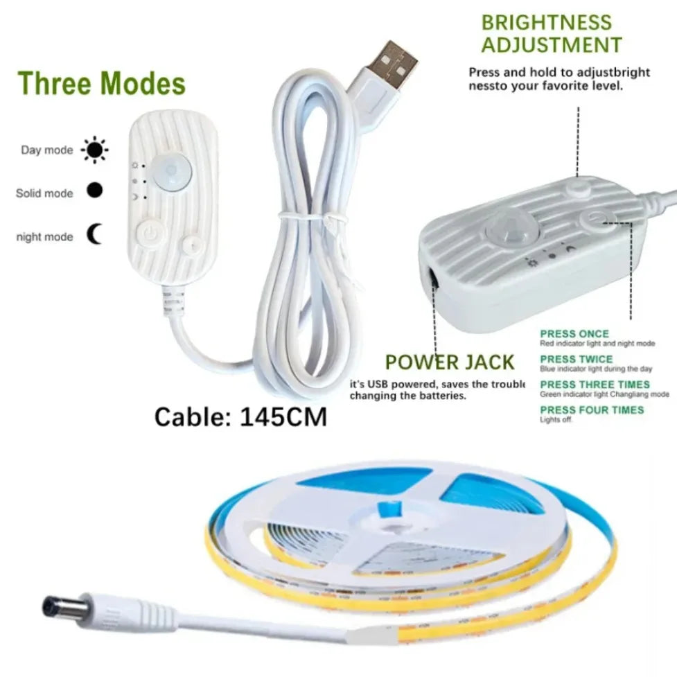 DC5V USB Motion Sensor 8mm COB LED Strip 3 Modes Dimmable In