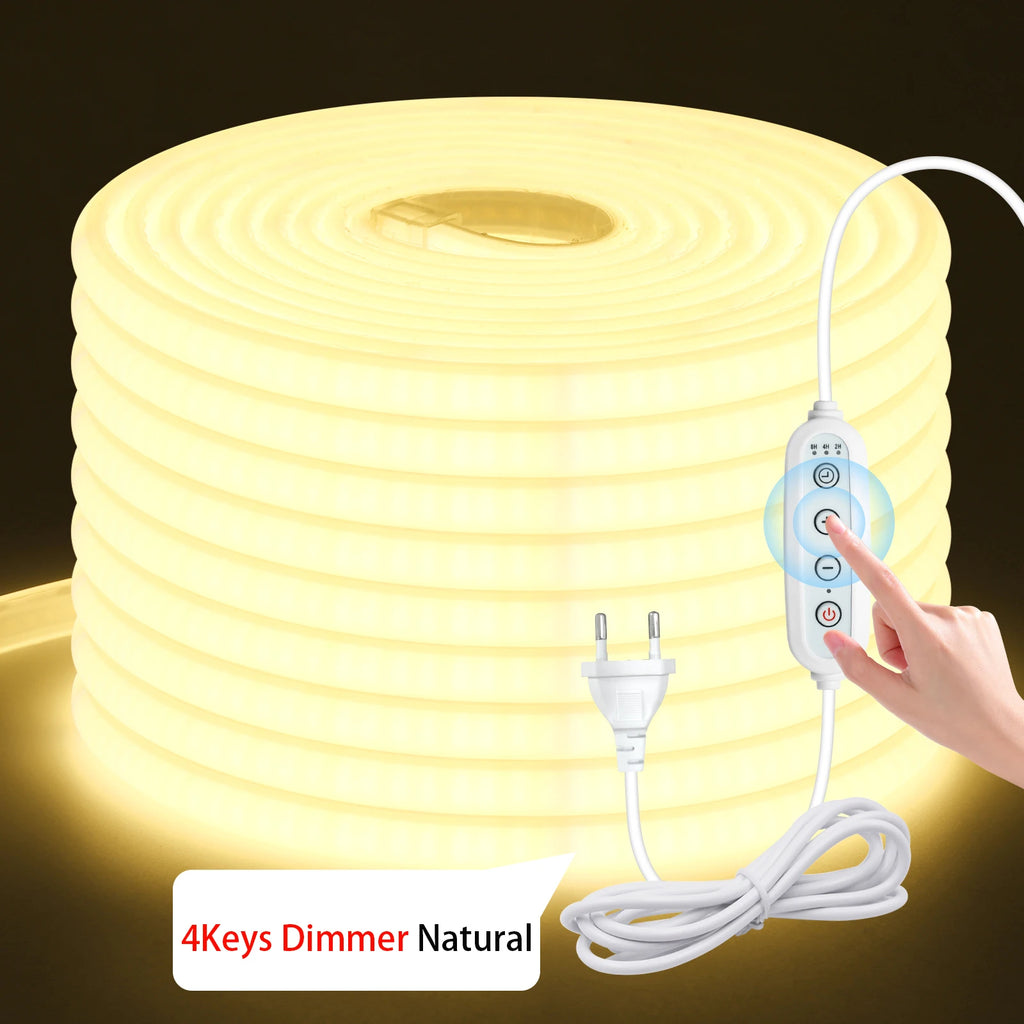 220V Dimmable COB LED Adhesive Strip With Dimmer/Switch White Warm Natural Flexible Ribbon Tape 240LEDs/M Indoor Outdoor Decor