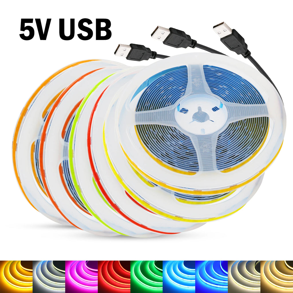 5V USB COB Led Strip Light 320LEDs/m Flexible Diode Tape Linear Indoor Lighting White/Red/Green/Ice Blue Room DIY TV Backlight