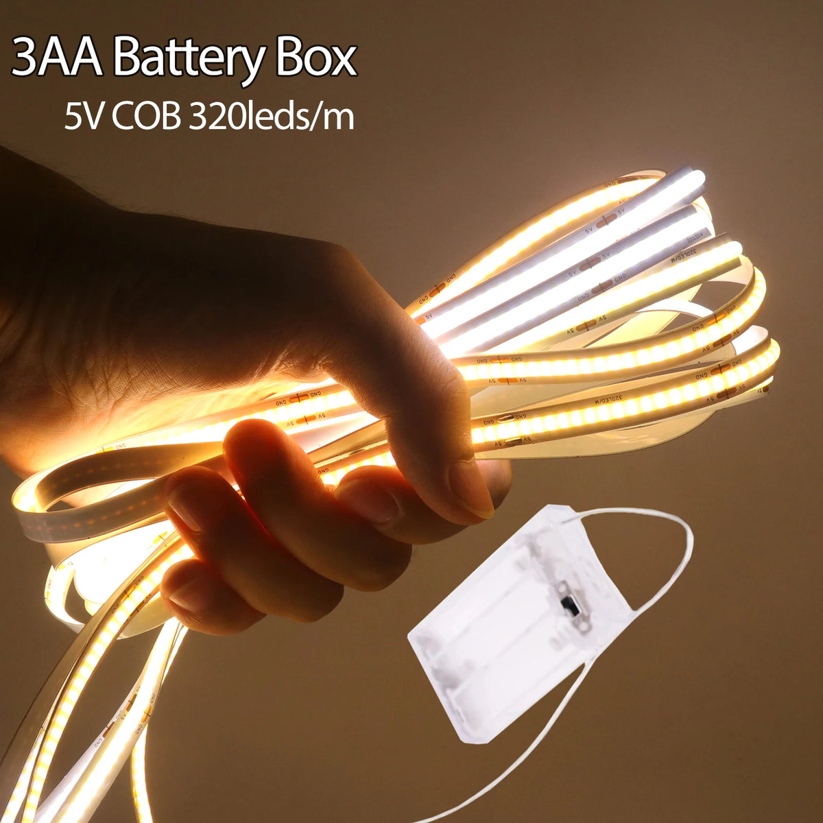 3AA Battery Box 5V COB Led Strip 8MM 320LEDs/M Warm Natural 