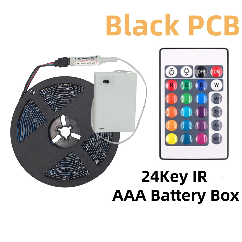 Battery Powed RGB LED Strip DC5V 5050 30LEDs/m IP21/IP65 With 3/17/24key IR RF Remote Ribbon Tape for TV Backlight Room Decor