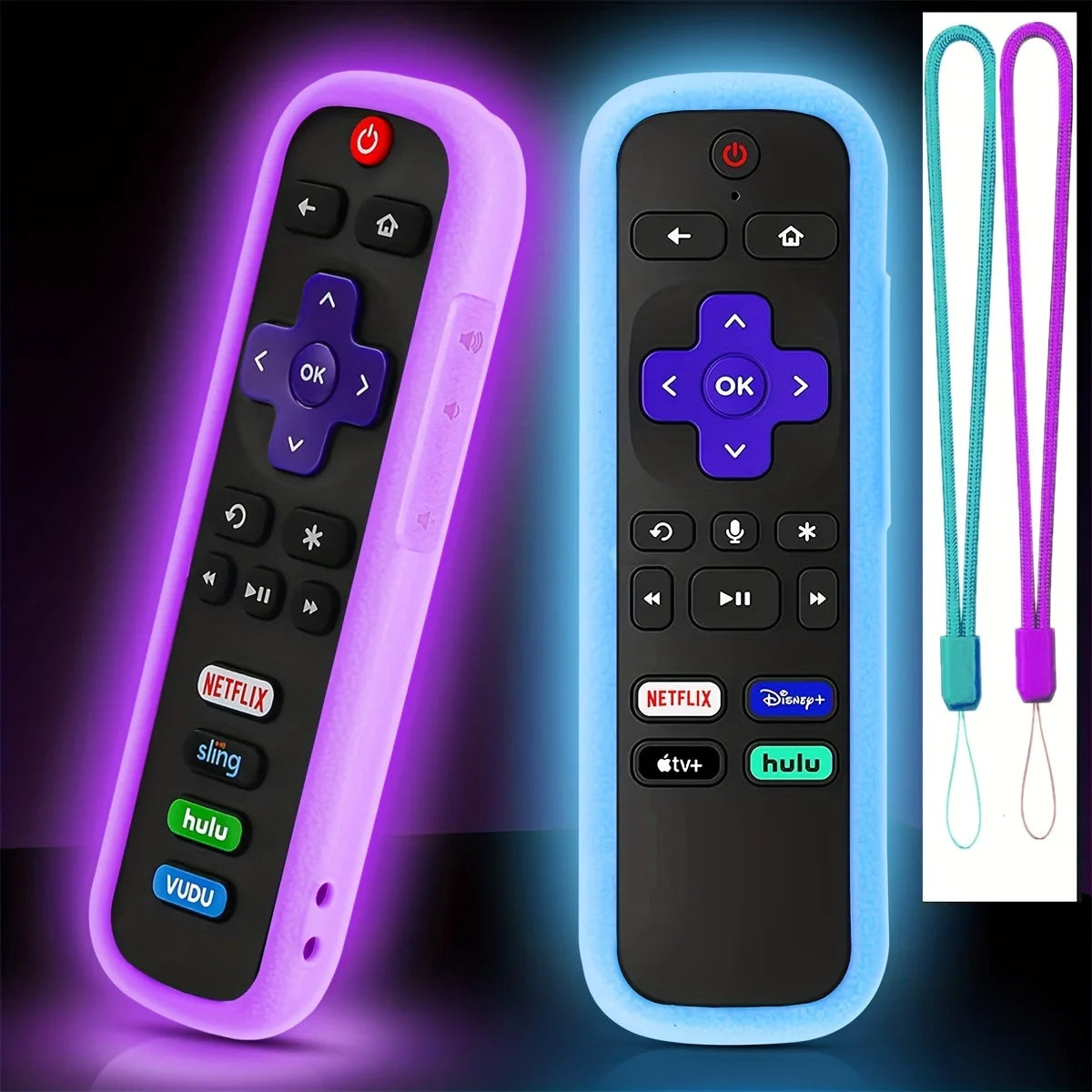 2pcs Glow-in-the-Dark Silicone Remote Cover for TCL Hisense and Roku TVs - Protects Your Remote and Includes Lanyard