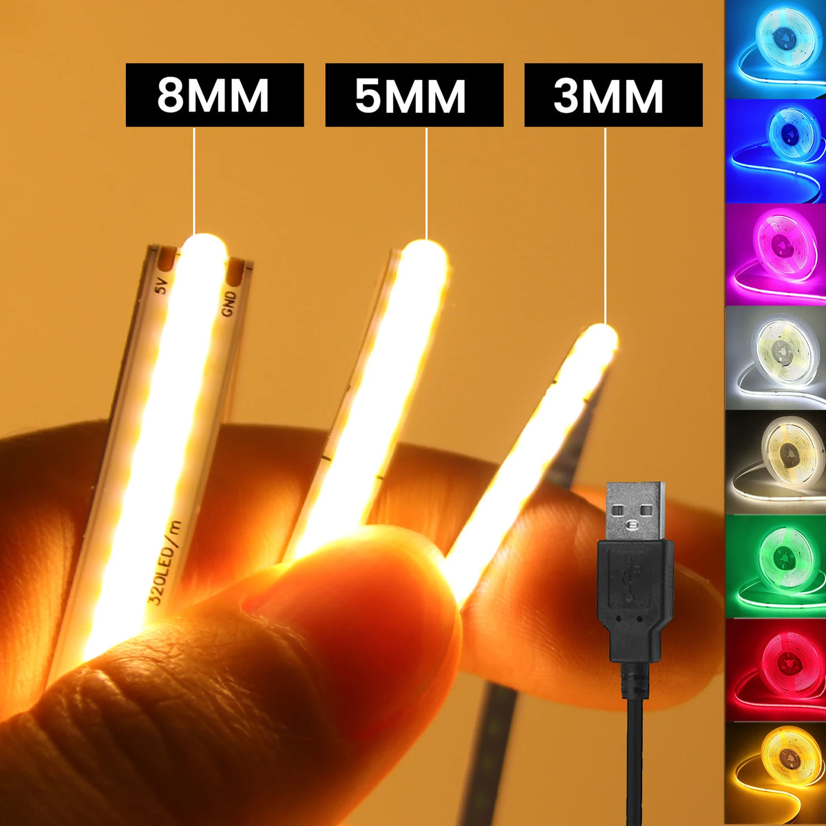 DC 5V USB COB Strip 3MM 5MM 8MM White/Pink/Red/White/Yellow/