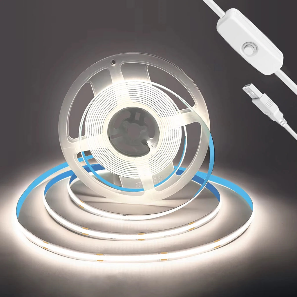 High Density COB LED Strip USB Button Switch Soft Uniform Light Flexible Easy Install For TV Backlight Bedroom Desk Shelf Home
